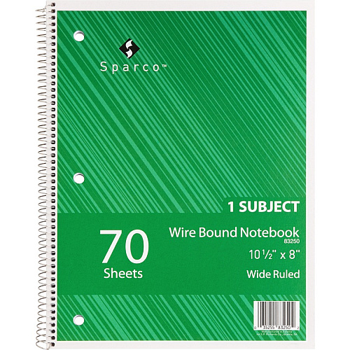 Sparco Quality 3HP Notebook 1 Subject(s) - 70 Sheets - Wire Bound - Wide Ruled Front Ruling - Unruled Margin - 16 lb Basis Weight - 8" x 10 1/2" Sheet Size - Bright White Paper - Assorted Chipboard Cover - Bleed Resistant, Stiff-cover - 1 Each (83250)
