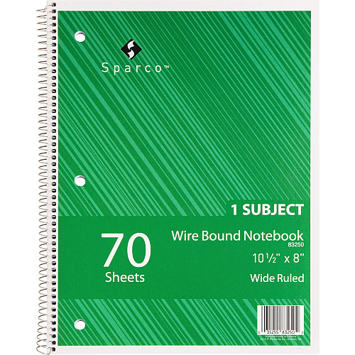 Sparco Quality 3HP Notebook 1 Subject(s) - 70 Sheets - Wire Bound - Wide Ruled Front Ruling - Unruled Margin - 16 lb Basis Weight - 8" x 10 1/2" Sheet Size - Bright White Paper - Assorted Chipboard Cover - Bleed Resistant, Stiff-cover - 1 Each (83250)
