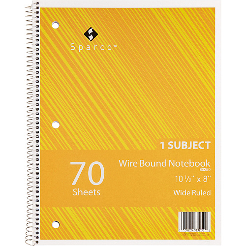 Sparco Quality 3HP Notebook 1 Subject(s) - 70 Sheets - Wire Bound - Wide Ruled Front Ruling - Unruled Margin - 16 lb Basis Weight - 8" x 10 1/2" Sheet Size - Bright White Paper - Assorted Chipboard Cover - Bleed Resistant, Stiff-cover - 1 Each (83250)