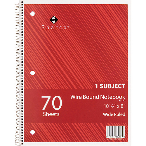 Sparco Quality 3HP Notebook 1 Subject(s) - 70 Sheets - Wire Bound - Wide Ruled Front Ruling - Unruled Margin - 16 lb Basis Weight - 8" x 10 1/2" Sheet Size - Bright White Paper - Assorted Chipboard Cover - Bleed Resistant, Stiff-cover - 1 Each (83250)