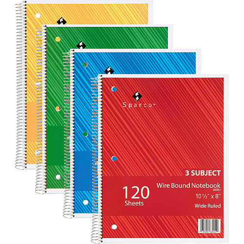 Sparco Quality 3HP Notebook 3 Subject(s) - 120 Sheets - Wire Bound - Wide Ruled Front Ruling - Unruled Margin - 16 lb Basis Weight - 8" x 10 1/2" Sheet Size - Bright White Paper - Assorted Chipboard Cover - Bleed Resistant, Stiff-cover - 1 Each (83251)