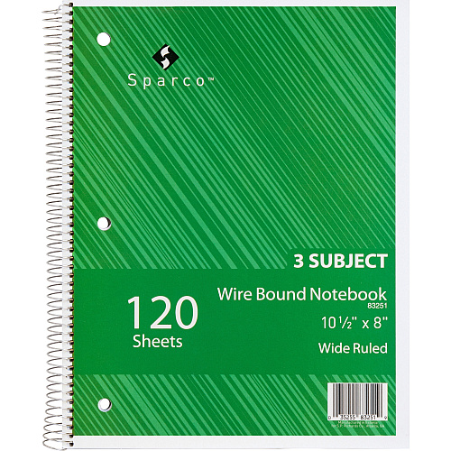 Sparco Quality 3HP Notebook 3 Subject(s) - 120 Sheets - Wire Bound - Wide Ruled Front Ruling - Unruled Margin - 16 lb Basis Weight - 8" x 10 1/2" Sheet Size - Bright White Paper - Assorted Chipboard Cover - Bleed Resistant, Stiff-cover - 1 Each (83251)