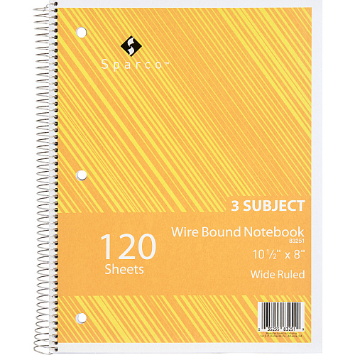 Sparco Quality 3HP Notebook 3 Subject(s) - 120 Sheets - Wire Bound - Wide Ruled Front Ruling - Unruled Margin - 16 lb Basis Weight - 8" x 10 1/2" Sheet Size - Bright White Paper - Assorted Chipboard Cover - Bleed Resistant, Stiff-cover - 1 Each (83251)