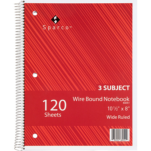 Sparco Quality 3HP Notebook 3 Subject(s) - 120 Sheets - Wire Bound - Wide Ruled Front Ruling - Unruled Margin - 16 lb Basis Weight - 8" x 10 1/2" Sheet Size - Bright White Paper - Assorted Chipboard Cover - Bleed Resistant, Stiff-cover - 1 Each (83251)