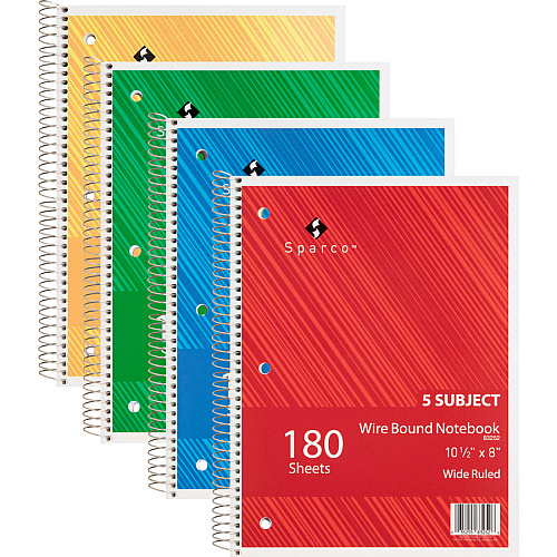 Sparco Quality 3HP Notebook 5 Subject(s) - 180 Sheets - Wire Bound - Wide Ruled Front Ruling - Unruled Margin - 16 lb Basis Weight - 8" x 10 1/2" Sheet Size - Bright White Paper - Assorted Chipboard Cover - Bleed Resistant, Stiff-cover - 1 Each (83252)