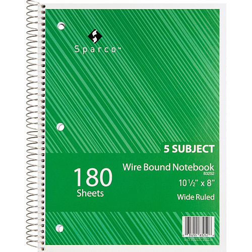 Sparco Quality 3HP Notebook 5 Subject(s) - 180 Sheets - Wire Bound - Wide Ruled Front Ruling - Unruled Margin - 16 lb Basis Weight - 8" x 10 1/2" Sheet Size - Bright White Paper - Assorted Chipboard Cover - Bleed Resistant, Stiff-cover - 1 Each (83252)