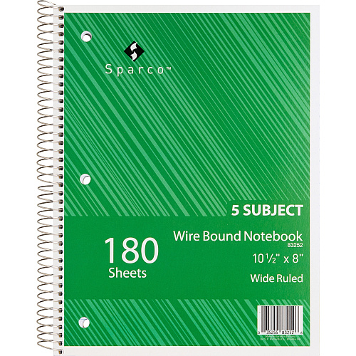 Sparco Quality 3HP Notebook 5 Subject(s) - 180 Sheets - Wire Bound - Wide Ruled Front Ruling - Unruled Margin - 16 lb Basis Weight - 8" x 10 1/2" Sheet Size - Bright White Paper - Assorted Chipboard Cover - Bleed Resistant, Stiff-cover - 1 Each (83252)
