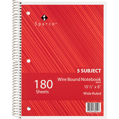 Sparco Quality 3HP Notebook 5 Subject(s) - 180 Sheets - Wire Bound - Wide Ruled Front Ruling - Unruled Margin - 16 lb Basis Weight - 8" x 10 1/2" Sheet Size - Bright White Paper - Assorted Chipboard Cover - Bleed Resistant, Stiff-cover - 1 Each (83252)