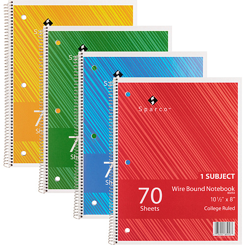 Sparco Wirebound Notebook 70 Sheets - Wire Bound - College Ruled Front Ruling - Unruled Margin - 16 lb Basis Weight - 8" x 10 1/2" Sheet Size - Assorted Paper - Assorted Chipboard Cover - Subject, Stiff-cover, Stiff-back, Perforated, Hole-punched  (83253)