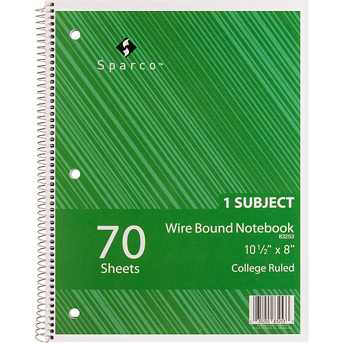 Sparco Wirebound Notebook 70 Sheets - Wire Bound - College Ruled Front Ruling - Unruled Margin - 16 lb Basis Weight - 8" x 10 1/2" Sheet Size - Assorted Paper - Assorted Chipboard Cover - Subject, Stiff-cover, Stiff-back, Perforated, Hole-punched  (83253)