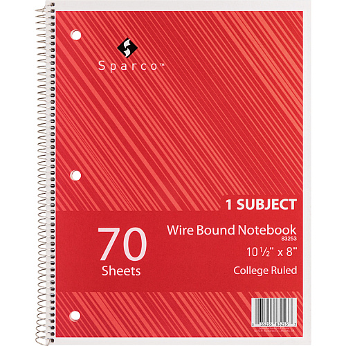 Sparco Wirebound Notebook 70 Sheets - Wire Bound - College Ruled Front Ruling - Unruled Margin - 16 lb Basis Weight - 8" x 10 1/2" Sheet Size - Assorted Paper - Assorted Chipboard Cover - Subject, Stiff-cover, Stiff-back, Perforated, Hole-punched  (83253)