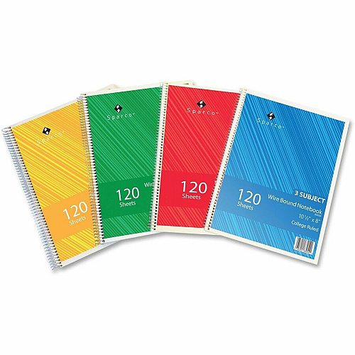 Sparco Wirebound College Ruled Notebooks 120 Sheets - Wire Bound - College Ruled Front Ruling - Unruled Margin - 16 lb Basis Weight - 8" x 10 1/2" Sheet Size - White Paper - Assorted Chipboard Cover - Resist Bleed-through, Subject, Stiff-cover, St (83254)