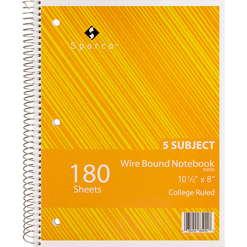 Sparco Wirebound College Ruled Notebooks 180 Sheets - Wire Bound - College Ruled Front Ruling - Unruled Margin - 8" x 10 1/2" Sheet Size - Assorted Paper - Assorted Chipboard Cover - Resist Bleed-through, Subject, Stiff-back, Stiff-cover - 1 Each (83255)