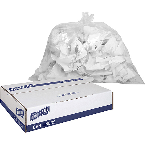 Genuine Joe Clear Trash Can Liners Small Size - 10 gal Capacity - 23" Length x 24" Width x 0.60 mil (15 Micron) Thickness - Low Density - Clear - 25/Roll - 20 / Carton (GJO01010)