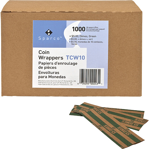 Sparco Flat Coin Wrappers 1000 Wrap(s) - Total $5.0 in 50 Coins of 10¢ Denomination - 60 lb Basis Weight - Kraft - Green - 1000 / Pack (TCW10)