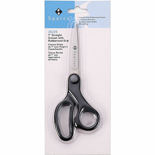 Sparco Straight Scissors w/Rubber Grip Handle 7" Overall Length - Straight - Stainless Steel - Pointed Tip - Black, Gray - 1 Each (25225)