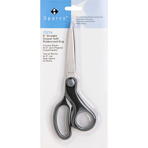 Sparco Straight Scissors w/Rubber Grip Handle 8" Overall Length - Straight - Stainless Steel - Black, Gray - 1 Each (25226)