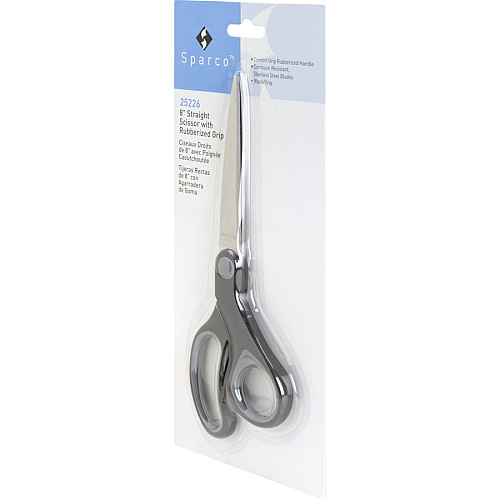 Sparco Straight Scissors w/Rubber Grip Handle 8" Overall Length - Straight - Stainless Steel - Black, Gray - 1 Each (25226)
