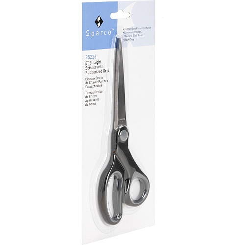 Sparco Straight Scissors w/Rubber Grip Handle 8" Overall Length - Straight - Stainless Steel - Black, Gray - 1 Each (25226)