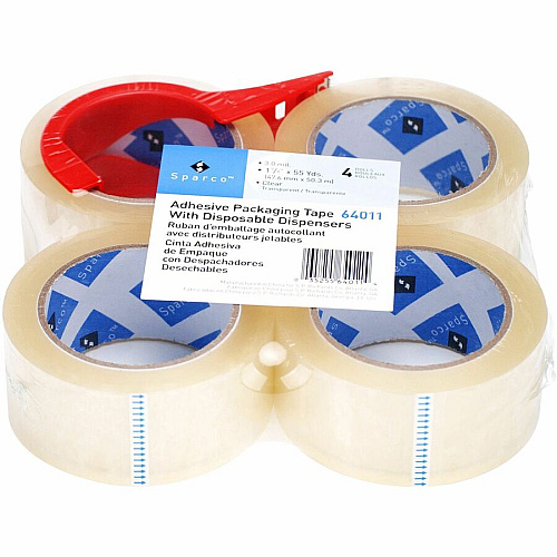 Sparco Heavy-duty Packaging Tape with Dispenser 55 yd Length x 2" Width - 3" Core - Clear - 3 mil - Acrylic Backing - Dispenser Included - Tear Resistant, Split Resistant, Breakage Resistance - For Packing - 4 / Pack (64011)