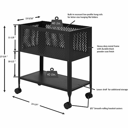 Lorell Mesh Rolling File 4 Casters - Steel - 13.31" Width x 24.21" Depth x 27.72" Height - Black - 1 Each (LLR60175)