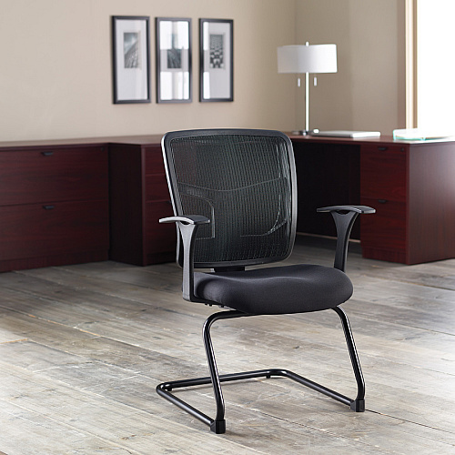 Lorell ErgoMesh Series Mesh Back Guest Chair with Arms Black Seat Color - Fabric Seat Material - Black Back Color - Mesh Back Material - Cantilever Base - 1 Each (LLR86202)