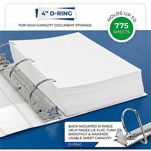 Samsill Nonstick 4" View D-Ring Binder 4" Binder Capacity - Letter - 8 1/2" x 11" Sheet Size - 800 Sheet Capacity - 3 Ring - Fastener: D-Ring - Pocket: 2, Internal - Polypropylene, Chipboard - White - 2 lb - Recycled - Locking Ring, Clear Overlay, (16497)