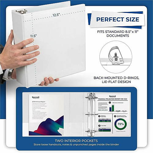 Samsill Nonstick 4" View D-Ring Binder 4" Binder Capacity - Letter - 8 1/2" x 11" Sheet Size - 800 Sheet Capacity - 3 Ring - Fastener: D-Ring - Pocket: 2, Internal - Polypropylene, Chipboard - White - 2 lb - Recycled - Locking Ring, Clear Overlay, (16497)