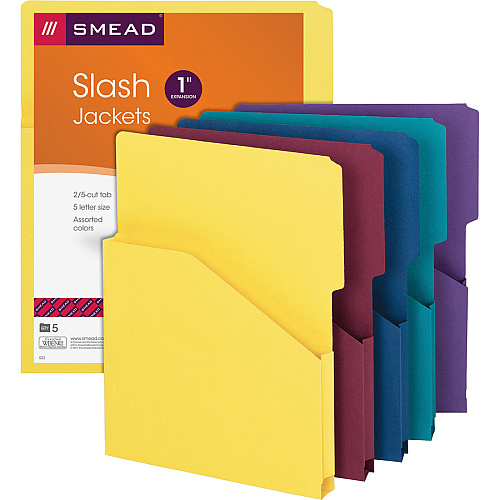 Smead 2/5 Tab Cut Letter Recycled File Pocket 8 1/2" x 11" - 1" Expansion - 11 pt. - Assorted - Unpunched - 10% Recycled - 5 / Pack (75445)