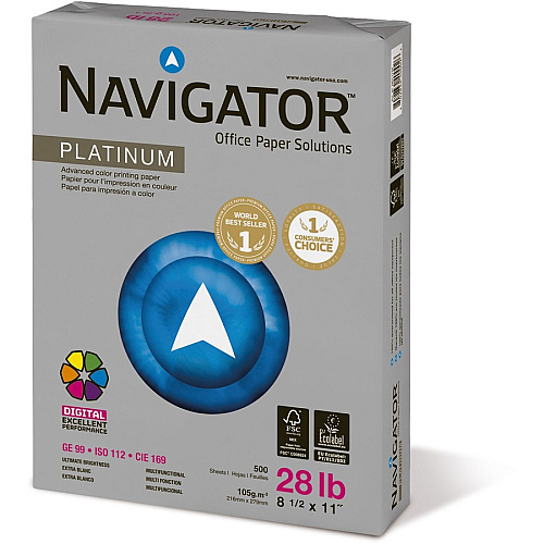 Navigator Platinum Office Multipurpose Paper 99 Brightness - Letter - 8 1/2" x 11" - 28 lb Basis Weight - Smooth - Jam-free - Bright White - 500 Sheets per Ream - 5 / Carton (NPL1128)
