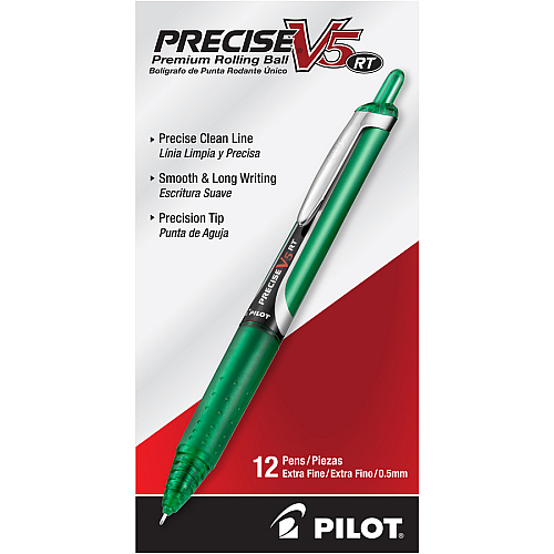 Pilot Precise V5 RT Premium Rolling Ball Pen 0.5 mm Extra Fine Needle Pen Point - Refillable - Retractable - Green Ink - Liquid - Green Barrel - 1 Each (26065)