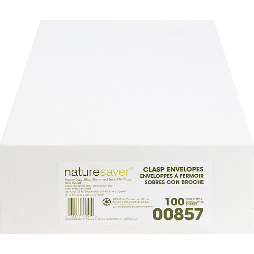 Nature Saver Recycled Clasp Envelopes Clasp - #90 - 9" Width x 12" Length - 28 lb - Clasp - Yellow - Kraft - 100 / Box (00857)