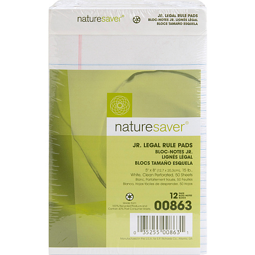 Nature Saver 100% Recycled White Jr. Rule Legal Pads - Jr.Legal 50 Sheets - 0.28" Ruled - 15 lb Basis Weight - Jr.Legal - 5" x 8" Sheet Size - White Paper - Perforated, Back Board - Recycled - 1 Dozen (00863)