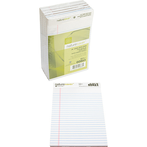 Nature Saver 100% Recycled White Jr. Rule Legal Pads - Jr.Legal 50 Sheets - 0.28" Ruled - 15 lb Basis Weight - Jr.Legal - 5" x 8" Sheet Size - White Paper - Perforated, Back Board - Recycled - 1 Dozen (00863)