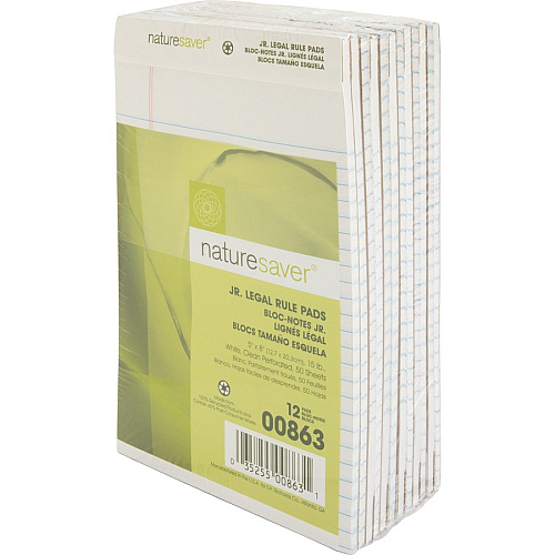 Nature Saver 100% Recycled White Jr. Rule Legal Pads - Jr.Legal 50 Sheets - 0.28" Ruled - 15 lb Basis Weight - Jr.Legal - 5" x 8" Sheet Size - White Paper - Perforated, Back Board - Recycled - 1 Dozen (00863)