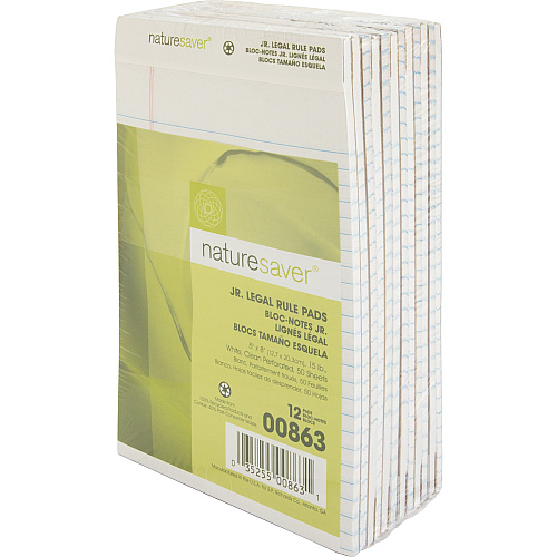 Nature Saver 100% Recycled White Jr. Rule Legal Pads - Jr.Legal 50 Sheets - 0.28" Ruled - 15 lb Basis Weight - Jr.Legal - 5" x 8" Sheet Size - White Paper - Perforated, Back Board - Recycled - 1 Dozen (00863)