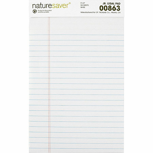 Nature Saver 100% Recycled White Jr. Rule Legal Pads - Jr.Legal 50 Sheets - 0.28" Ruled - 15 lb Basis Weight - Jr.Legal - 5" x 8" Sheet Size - White Paper - Perforated, Back Board - Recycled - 1 Dozen (00863)