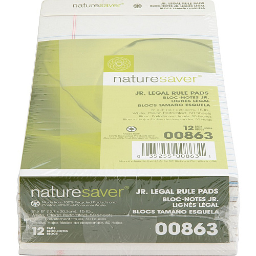 Nature Saver 100% Recycled White Jr. Rule Legal Pads - Jr.Legal 50 Sheets - 0.28" Ruled - 15 lb Basis Weight - Jr.Legal - 5" x 8" Sheet Size - White Paper - Perforated, Back Board - Recycled - 1 Dozen (00863)