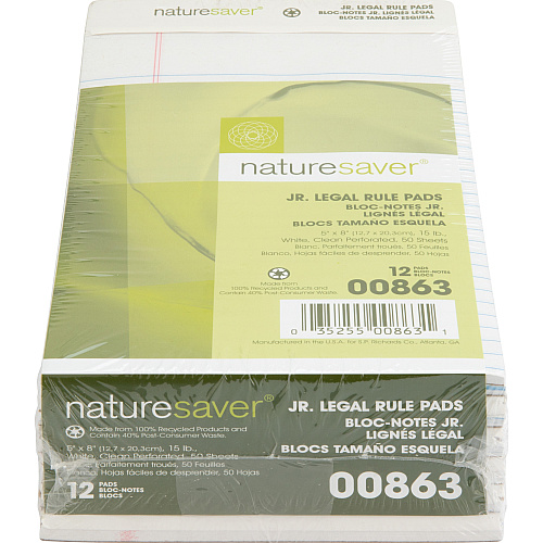 Nature Saver 100% Recycled White Jr. Rule Legal Pads - Jr.Legal 50 Sheets - 0.28" Ruled - 15 lb Basis Weight - Jr.Legal - 5" x 8" Sheet Size - White Paper - Perforated, Back Board - Recycled - 1 Dozen (00863)