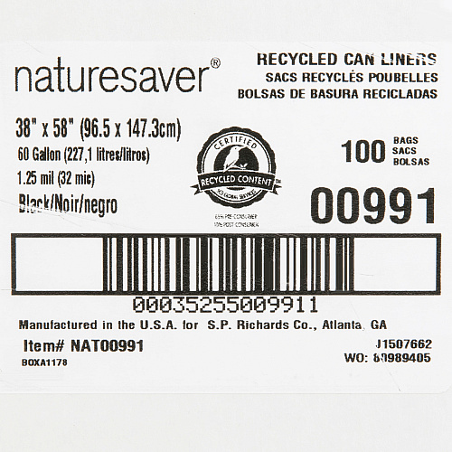 Nature Saver Black Low-density Recycled Can Liners Extra Large Size - 60 gal Capacity - 58" Length x 38" Width x 1.25 mil (32 Micron) Thickness - Low Density - Black - Plastic - Cleaning Supplies - Recycled - 100 / Carton (00991)