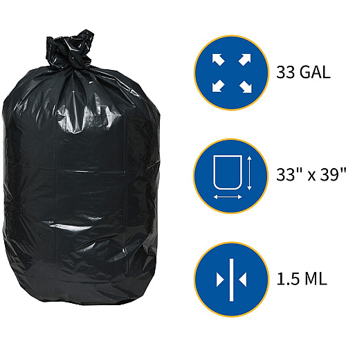 Genuine Joe Heavy-Duty Trash Can Liners Medium Size - 33 gal Capacity - 40" Length x 33" Width x 1.50 mil (38 Micron) Thickness - Low Density - Black - 100/Box - 1 / Carton (GJO01533)