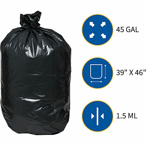 Genuine Joe Heavy-Duty Trash Can Liners Large Size - 45 gal Capacity - 46" Length x 39" Width x 1.50 mil (38 Micron) Thickness - Low Density - Black - 50/Box - 1 / Carton (GJO01534)