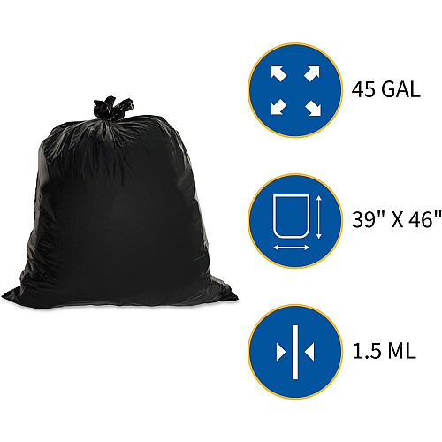 Genuine Joe Heavy-Duty Trash Can Liners Large Size - 45 gal Capacity - 46" Length x 39" Width x 1.50 mil (38 Micron) Thickness - Low Density - Black - 50/Box - 1 / Carton (GJO01534)