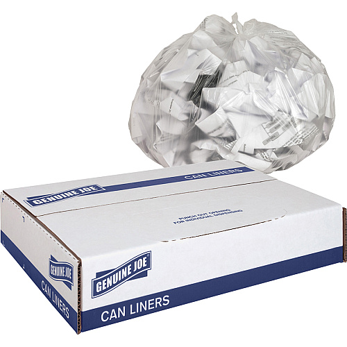 Genuine Joe High-Density Can Liners Small Size - 10 gal Capacity - 24" Length x 24" Width x 0.31 mil (8 Micron) Thickness - High Density - Clear - Resin - Office Waste, Industrial Trash - 50/Roll - 20 / Carton (GJO01755)