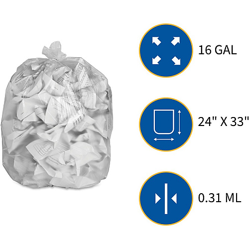 Genuine Joe High-Density Can Liners Small Size - 16 gal Capacity - 32" Length x 24" Width x 0.31 mil (8 Micron) Thickness - High Density - Clear - Resin - Office Waste, Industrial Trash - 50/Roll - 20 / Carton (GJO01756)