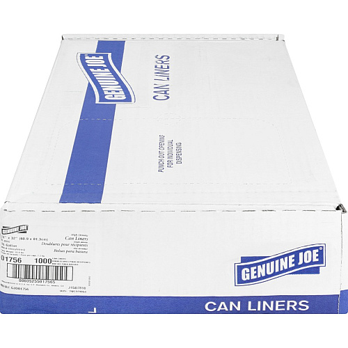 Genuine Joe High-Density Can Liners Small Size - 16 gal Capacity - 32" Length x 24" Width x 0.31 mil (8 Micron) Thickness - High Density - Clear - Resin - Office Waste, Industrial Trash - 50/Roll - 20 / Carton (GJO01756)
