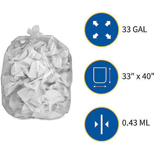 Genuine Joe High-Density Can Liners Medium Size - 33 gal Capacity - 40" Length x 33" Width x 0.43 mil (11 Micron) Thickness - High Density - Clear - Resin - Office Waste, Industrial Trash - 25/Roll - 20 / Carton (GJO01757)