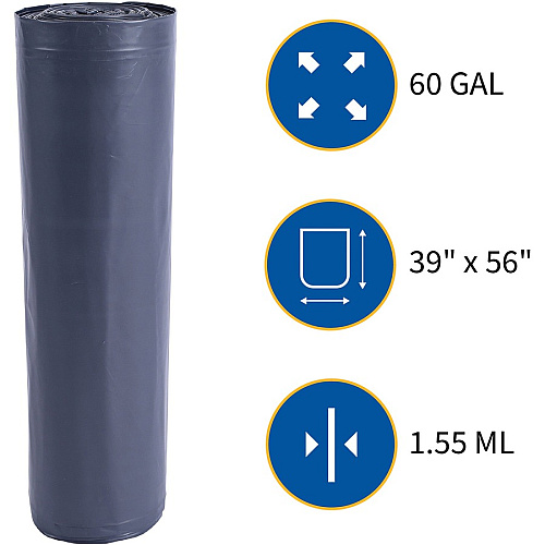 Genuine Joe Maximum Strength Trash Can Liner Extra Large Size - 60 gal Capacity - 56" Length x 39" Width x 1.55 mil (39 Micron) Thickness - Low Density - Silver - Plastic Resin - Food Waste, Office Waste, Can, Debris - Recycled - 50 / Carton (GJO70343)