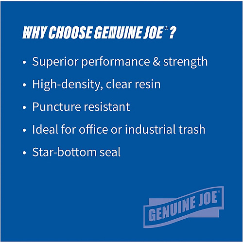 Genuine Joe High-density Can Liners Extra Large Size - 56 gal Capacity - 48" Length x 43" Width x 0.63 mil (16 Micron) Thickness - High Density - Clear - Resin - Office Waste, Industrial Trash - 20/Roll - 10 / Carton (GJO01760)
