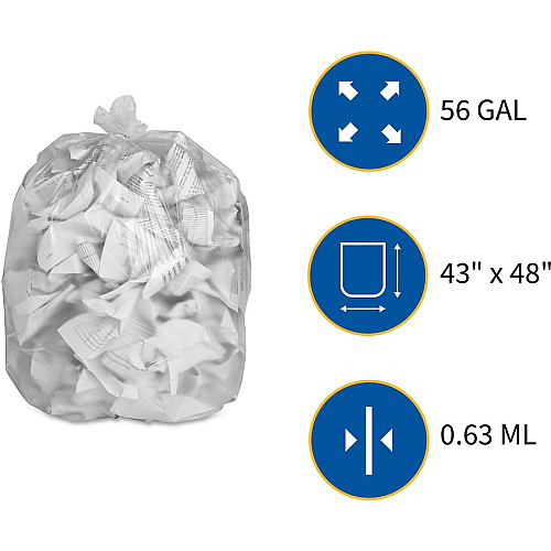 Genuine Joe High-density Can Liners Extra Large Size - 56 gal Capacity - 48" Length x 43" Width x 0.63 mil (16 Micron) Thickness - High Density - Clear - Resin - Office Waste, Industrial Trash - 20/Roll - 10 / Carton (GJO01760)